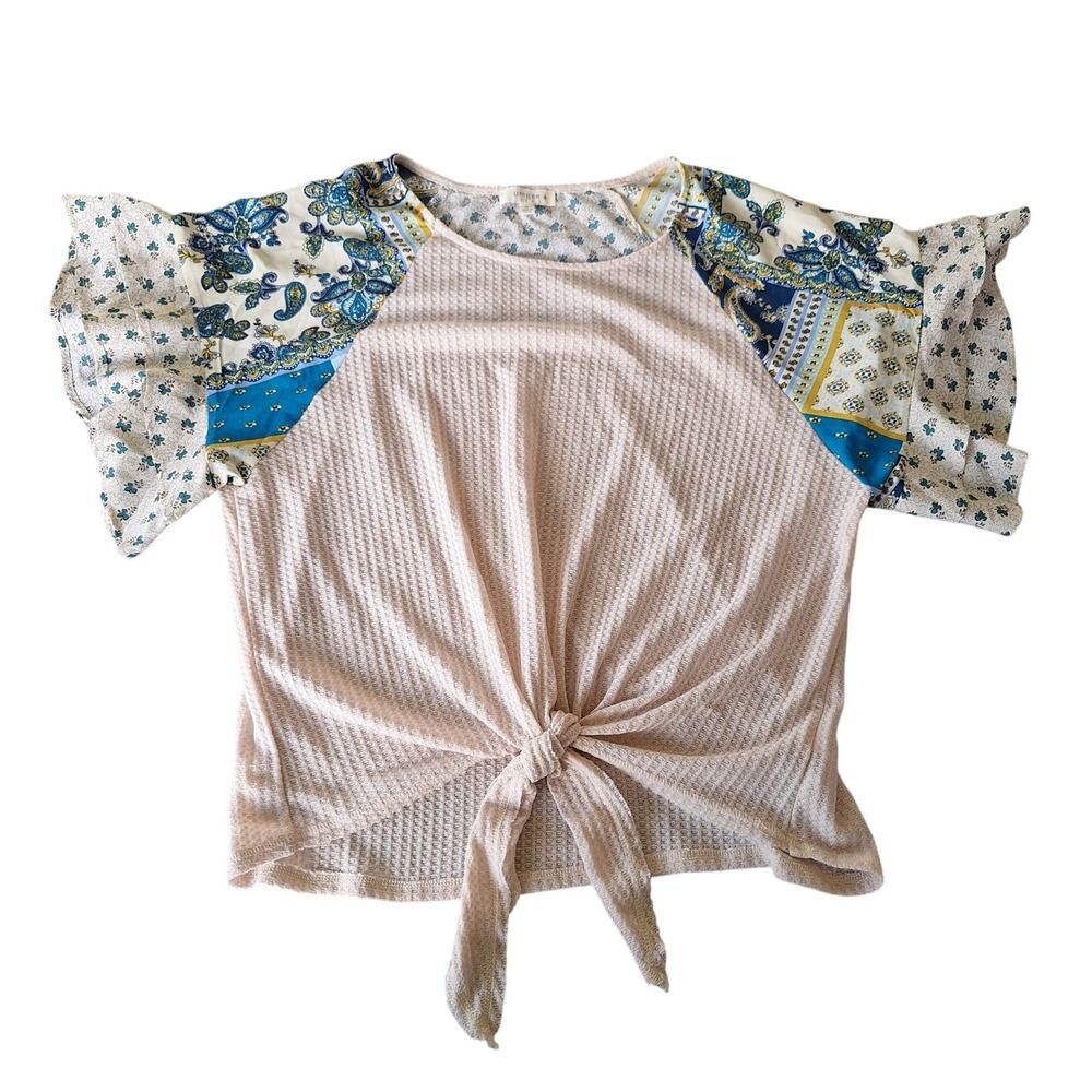 Umgee Womens XL Tie Front Waffle Knit Top Blue Paisley Contrast Flutter Sleeve